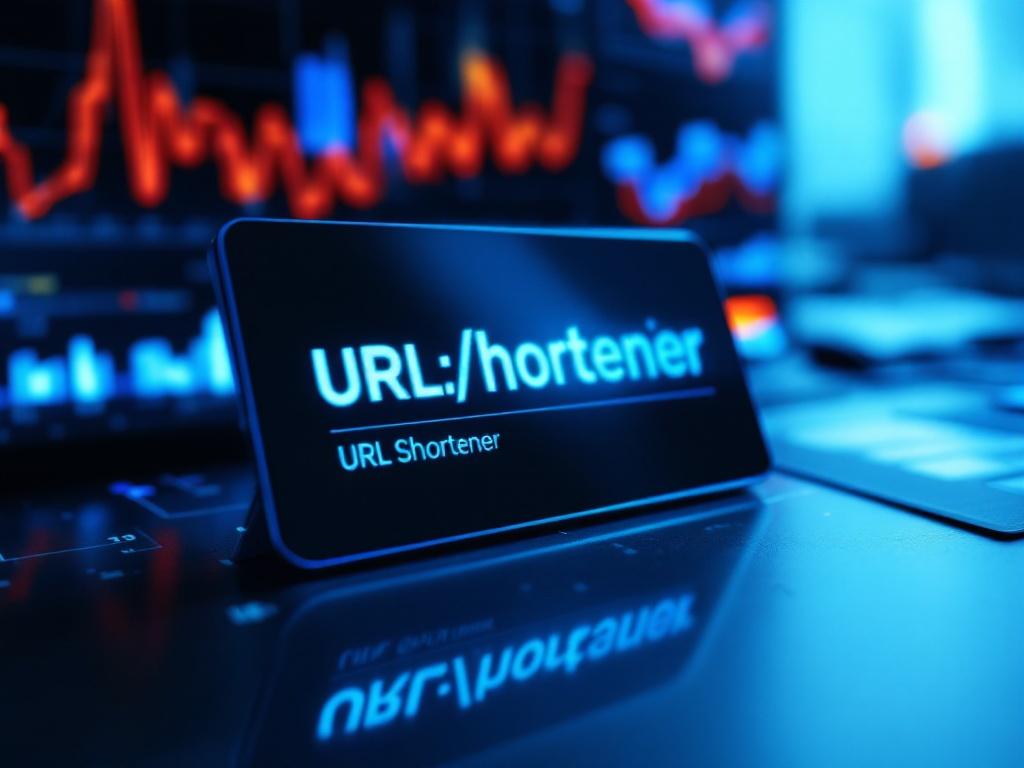 Cinematic image of a branded URL shortener with a professional design highlighted by a spotlight, set against an analytics dashboard displaying graphs and metrics. The color scheme is blue and white, emphasizing technology and precision in a clean composition.