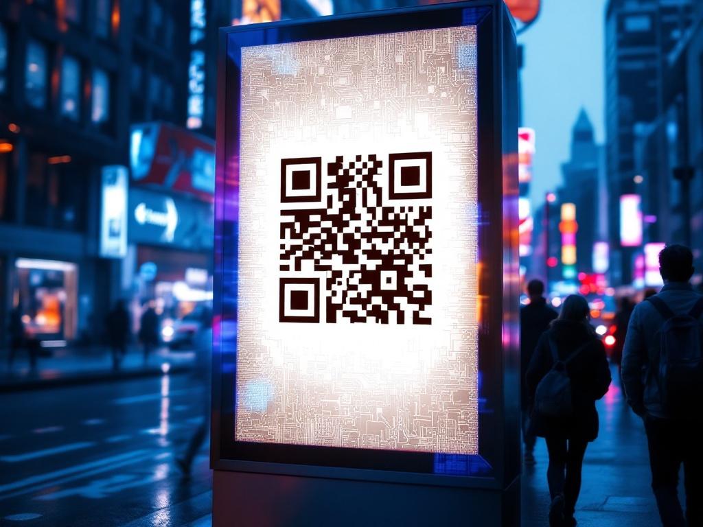 A vibrant advertisement board featuring a prominent QR code against a bustling city backdrop, illuminated by neon blue and silver colors. City dwellers are captured in motion, hinting at interaction with the QR code, which is highlighted through atmospheric backlighting and a glossy texture reflecting light.