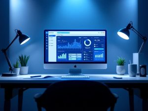 Cinematic shot of a link shortener interface on a modern office desk, with a spotlight illuminating its blue and white dashboard, designed for marketers.