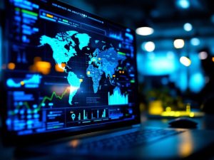 Cinematic image of a digital screen displaying geo-specific link analytics data in a minimalistic office setting, with dynamic map overlays and vivid blue and green interface highlights.
