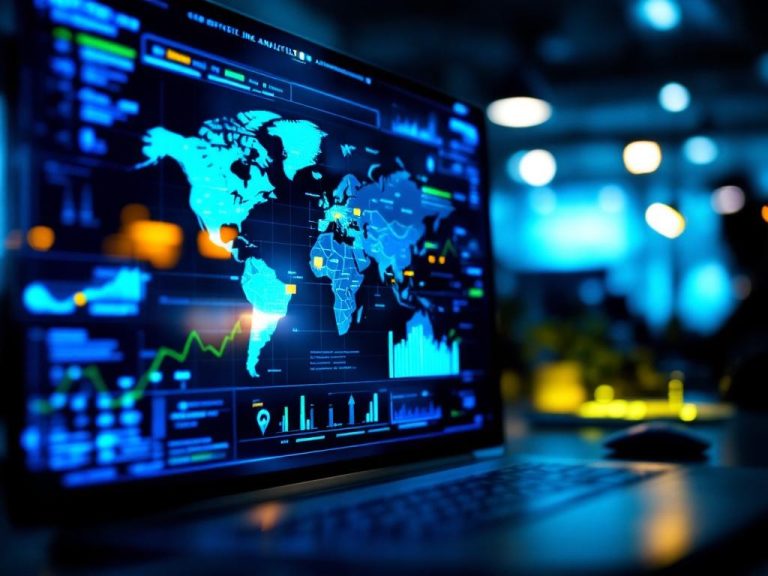 Cinematic image of a digital screen displaying geo-specific link analytics data in a minimalistic office setting, with dynamic map overlays and vivid blue and green interface highlights.