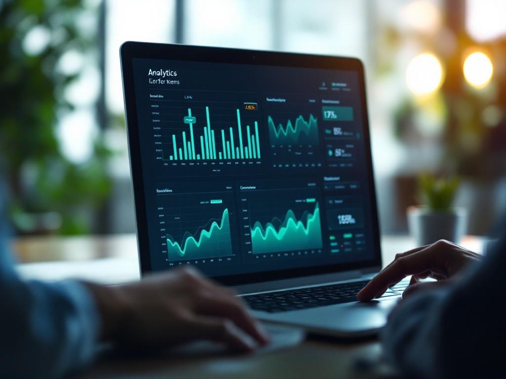 Digital analytics dashboard displaying link performance metrics with graphs and charts, set in a corporate environment during a marketing strategy session.