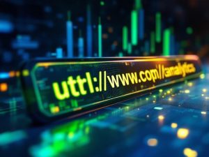 Symmetrical arrangement of sleek URL links in a digital setting, highlighted by analytics symbols such as graphs and data points, with a cool blue and green color scheme and defined shadows.