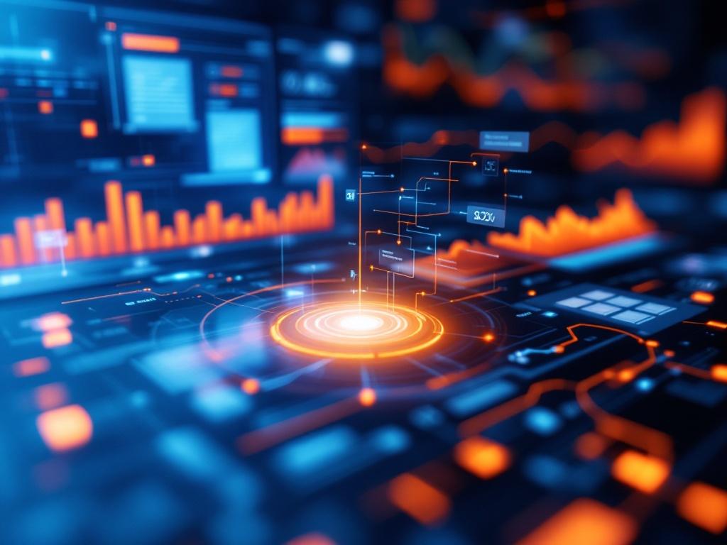 Digital dashboard interface for retargeting campaigns, showcasing interactive elements and analytics with a sleek design in blue and orange hues.