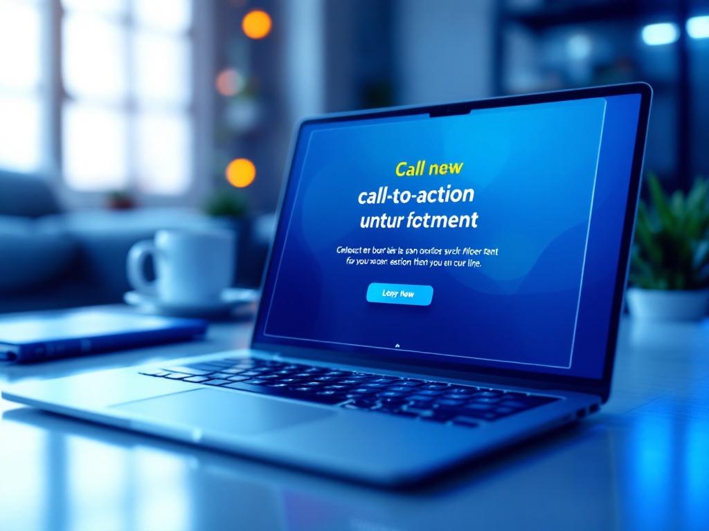 A laptop screen displaying a vibrant call-to-action overlay in blue and white, designed to encourage engagement with soft glowing effects and focused details.