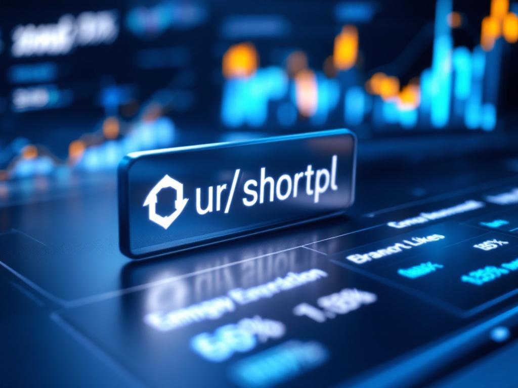 Close-up view of a branded URL short link on a digital dashboard, surrounded by blurred graphs illustrating engagement metrics, with dramatic spotlighting to enhance clarity.
