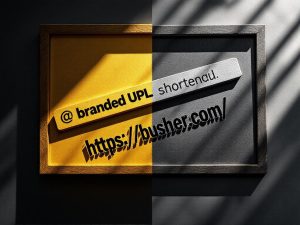 A side-by-side comparison of a branded URL in gold and a generic URL in gray, illustrating the contrast between professional branding and indistinct randomness on a digital marketing desk.