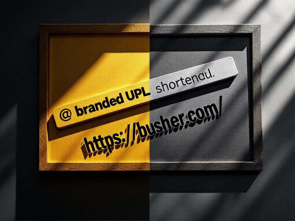 A side-by-side comparison of a branded URL in gold and a generic URL in gray, illustrating the contrast between professional branding and indistinct randomness on a digital marketing desk.