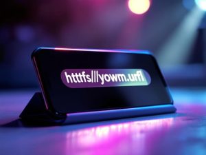 Close-up of a smartphone screen with a custom branded URL and logo, highlighted by a dramatic spotlight against a modern digital background.