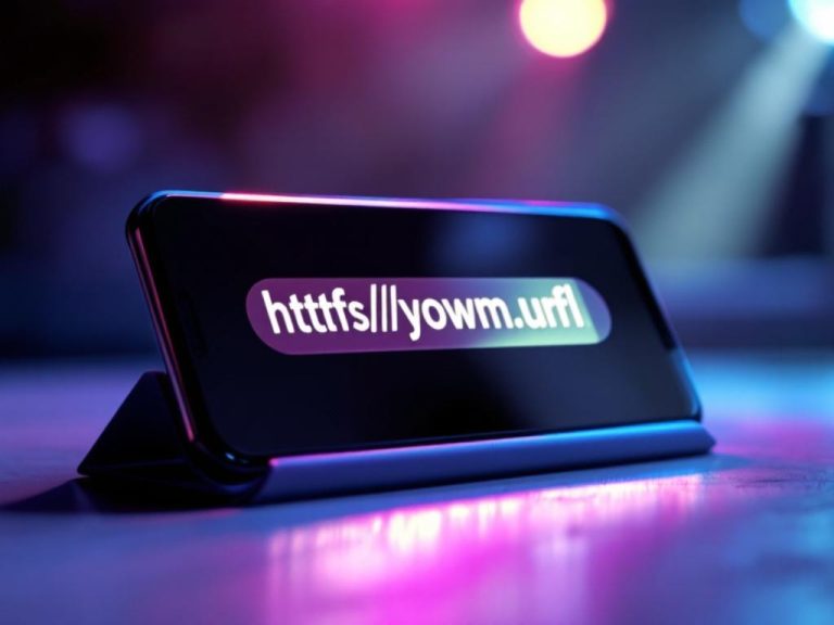 Close-up of a smartphone screen with a custom branded URL and logo, highlighted by a dramatic spotlight against a modern digital background.