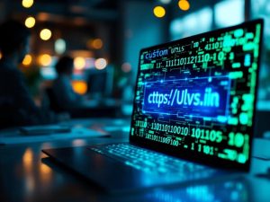 A modern marketing office with digital screens displaying custom URLs and branded links, highlighted by a dramatic spotlight, set in shades of blue and green, showcasing a sophisticated branding strategy.