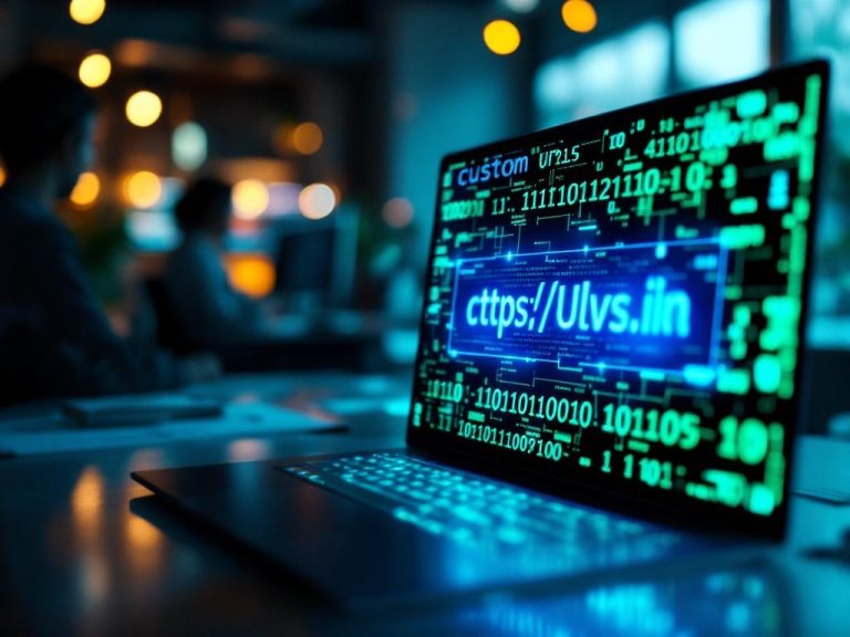 A modern marketing office with digital screens displaying custom URLs and branded links, highlighted by a dramatic spotlight, set in shades of blue and green, showcasing a sophisticated branding strategy.