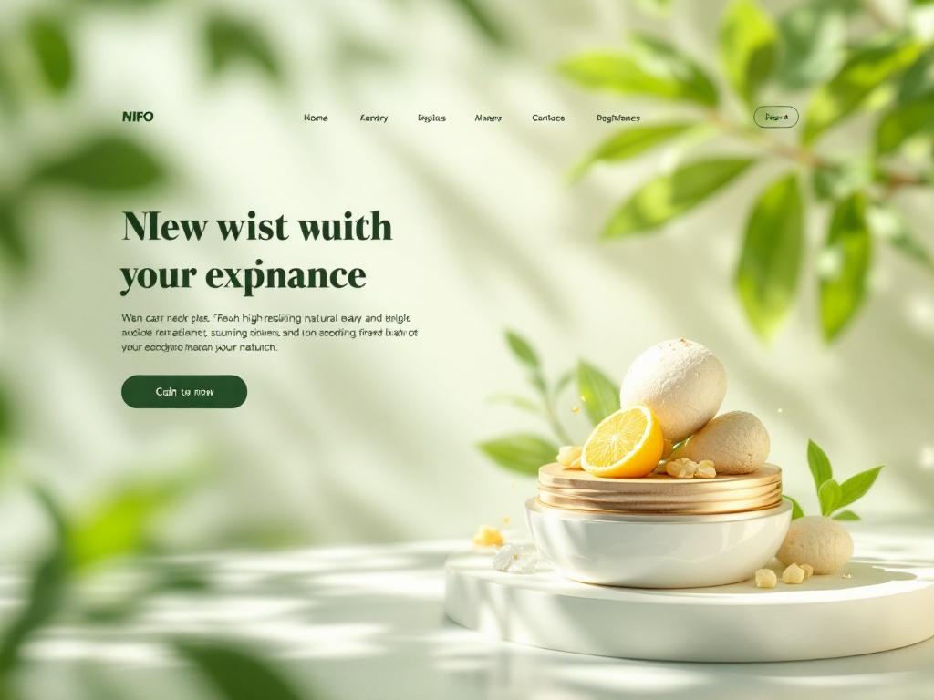 Cinematic splash page for skincare brand with bold headline and stunning visuals of natural ingredients, featuring a clean layout and a blurred background.