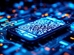 Extreme close-up of a smartphone screen featuring a colorful QR code, emphasizing modern technology and digital marketing, with a stylish and sleek design.