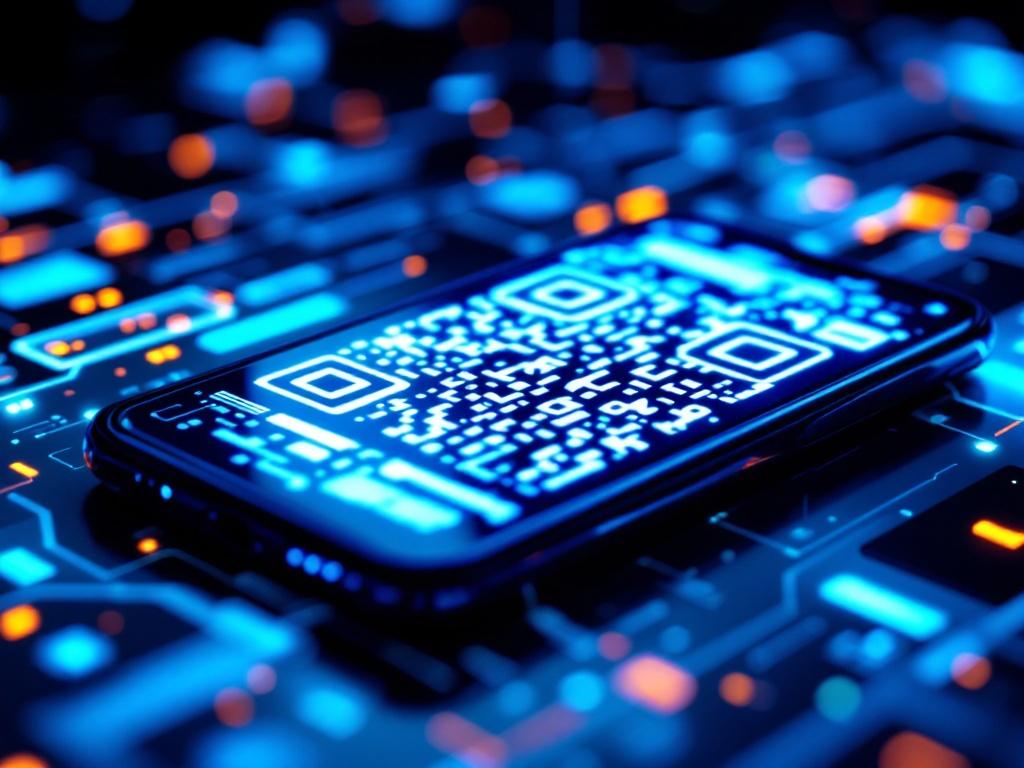 Extreme close-up of a smartphone screen featuring a colorful QR code, emphasizing modern technology and digital marketing, with a stylish and sleek design.