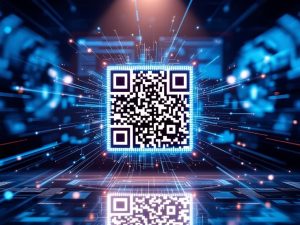 Cinematic image of a dynamic QR code surrounded by scanning beams, set against a digital marketing dashboard backdrop with dramatic spotlighting, emphasizing intricate patterns and creating a clean, uncluttered look.