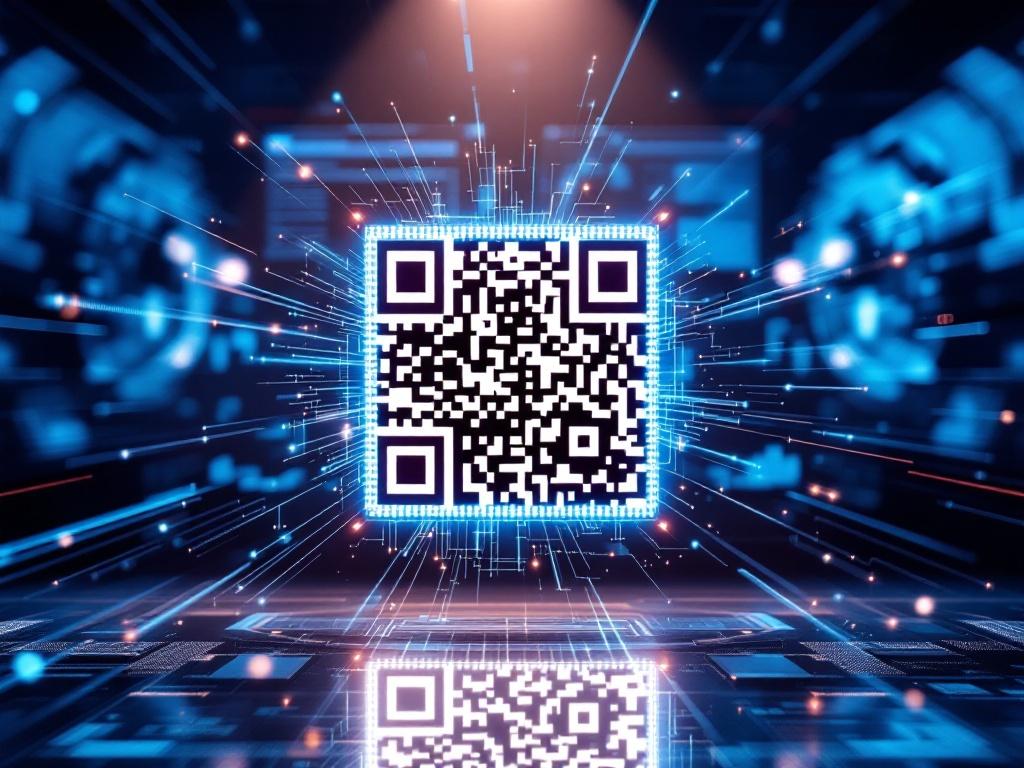 Cinematic image of a dynamic QR code surrounded by scanning beams, set against a digital marketing dashboard backdrop with dramatic spotlighting, emphasizing intricate patterns and creating a clean, uncluttered look.