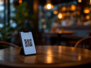 A sleek smartphone placed next to a QR code on a café table, set in a warm and inviting café atmosphere with soft lighting, illustrating the interaction between digital and physical spaces.