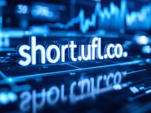 Sleek digital representation of short URLs with branded custom domains illuminated in a high-tech marketing control center with blurred data analytics graphs in the background.