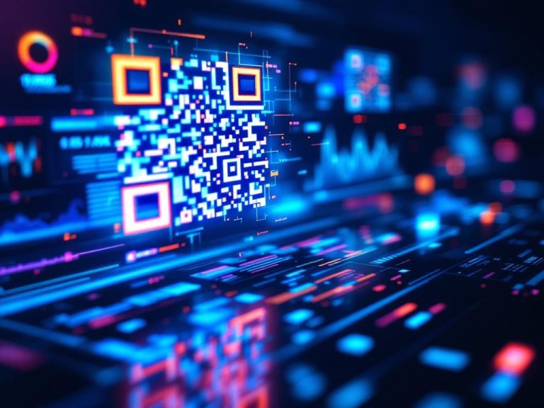 Dynamic multicolored QR codes floating over a digital interface with sharp shadows, symbolizing advanced technology and data analytics.