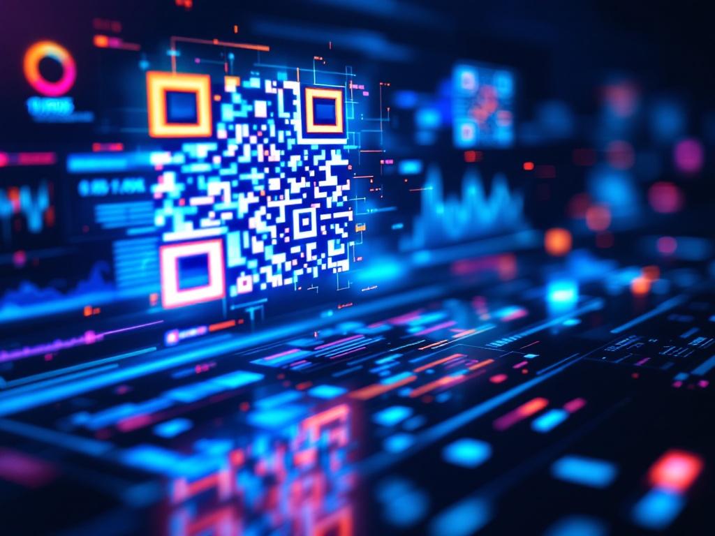 Dynamic multicolored QR codes floating over a digital interface with sharp shadows, symbolizing advanced technology and data analytics.