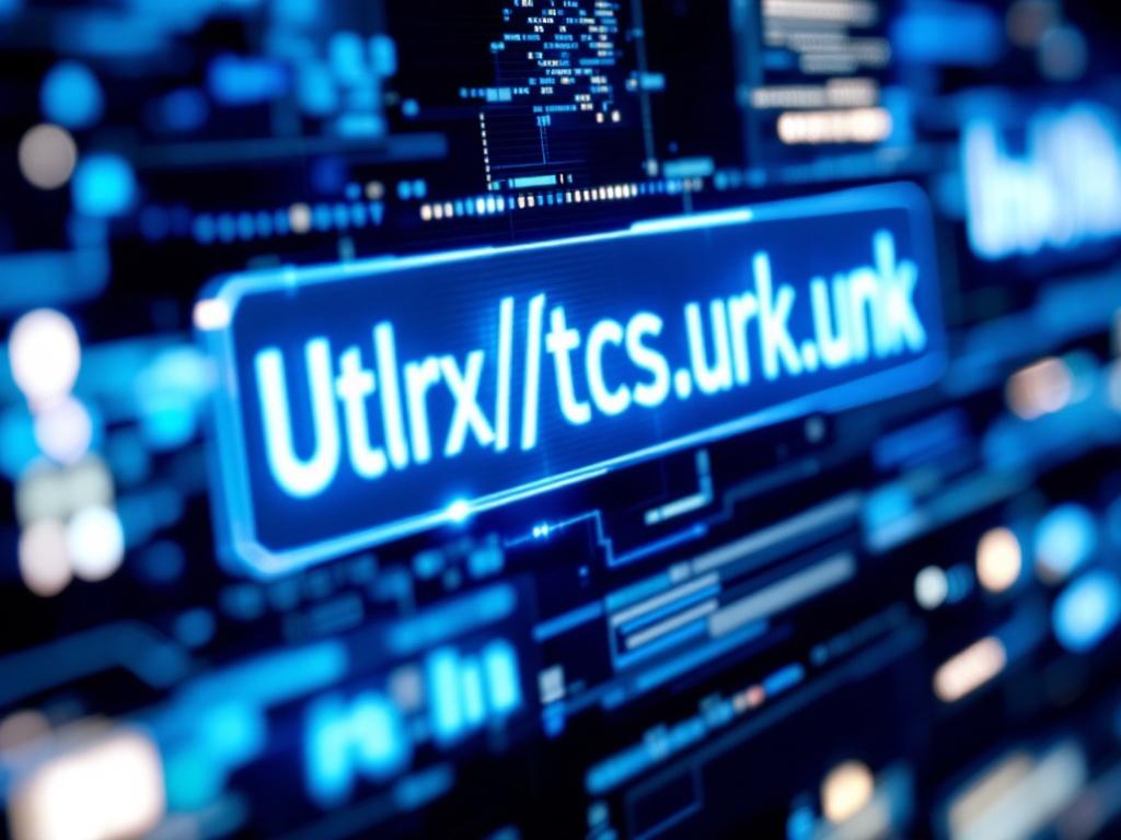 A digital display showcasing a glowing branded URL shortened link on a computer screen, featuring blue and silver colors with a smooth texture and sharp details.