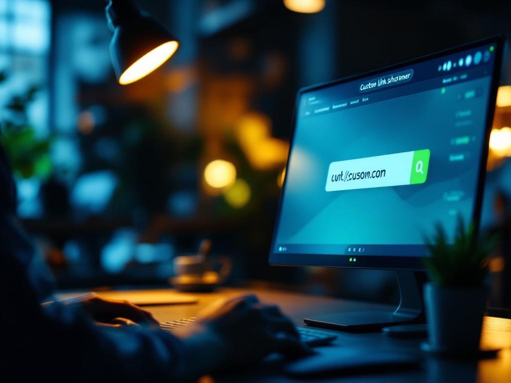 Close-up of a computer screen displaying a branded link shortener interface, with a custom URL under dramatic lighting in an office setting. The colors blue and green are prominent, symbolizing trust and innovation.