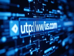 Digital screen displaying a crisp, branded shortened URL link in a modern marketing environment, highlighted by blue and white tones with sharp shadows.
