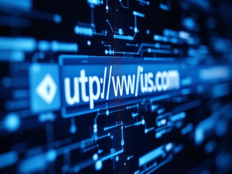 Digital screen displaying a crisp, branded shortened URL link in a modern marketing environment, highlighted by blue and white tones with sharp shadows.