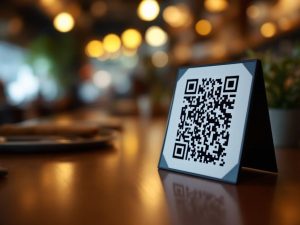 A close-up of a dynamic QR code on a restaurant table, showcasing its brand colors and logo, set against a softly lit busy restaurant background.