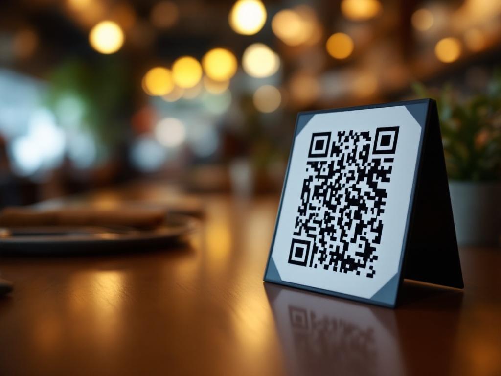 A close-up of a dynamic QR code on a restaurant table, showcasing its brand colors and logo, set against a softly lit busy restaurant background.