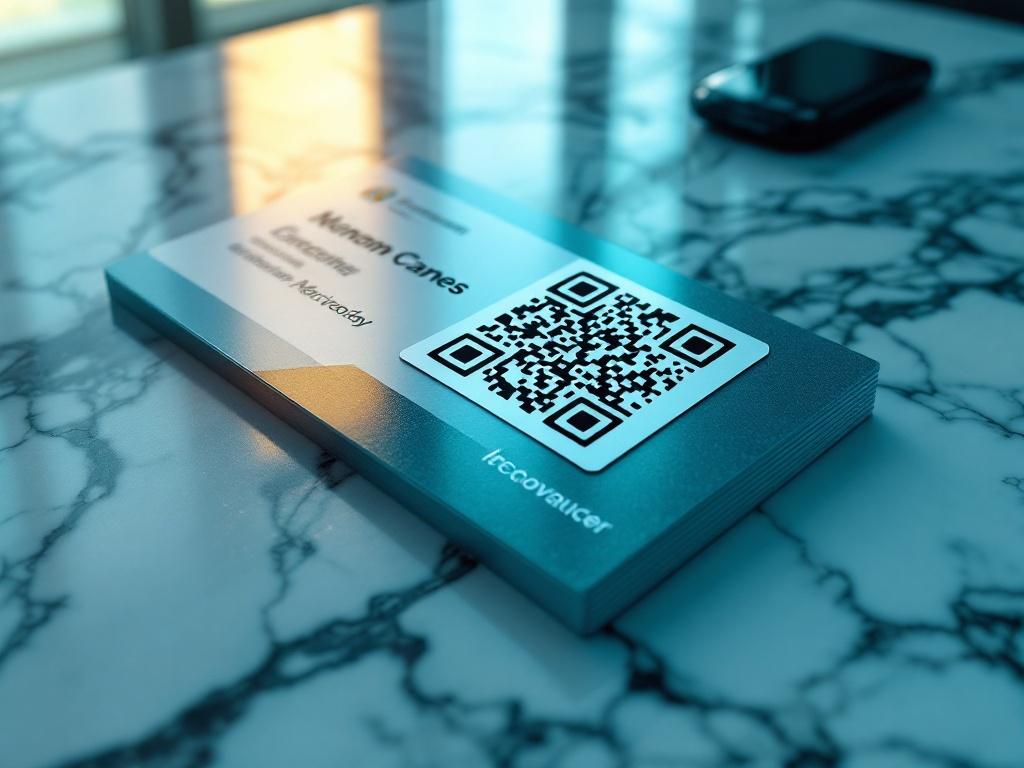 Sleek business card with a dynamic QR code and personalized branding on a polished marble surface, featuring a modern teal and silver color palette.