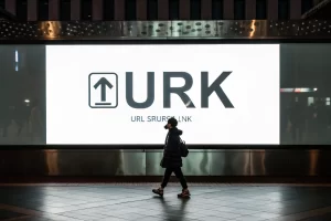 A prominent branded URL shortener link illuminated on a minimalistic digital advertising board, showcasing technology and innovation with a symmetrical arrangement.