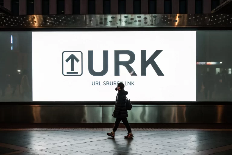 A prominent branded URL shortener link illuminated on a minimalistic digital advertising board, showcasing technology and innovation with a symmetrical arrangement.