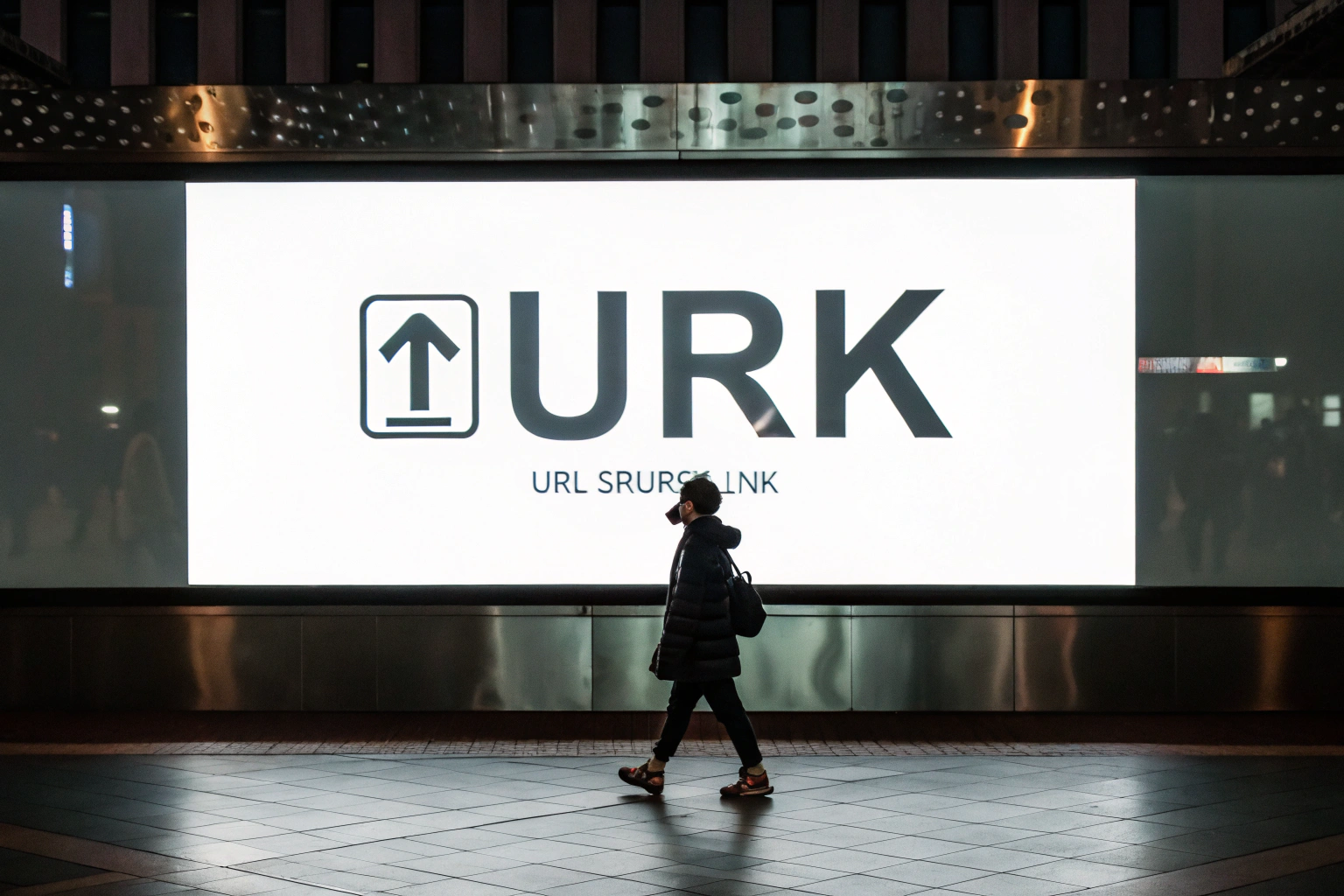 A prominent branded URL shortener link illuminated on a minimalistic digital advertising board, showcasing technology and innovation with a symmetrical arrangement.
