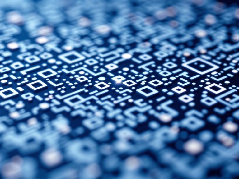 Close-up view of a QR code with blue and white branding elements, centered in the frame with a soft glow. Includes a subtle watermark of a globe indicating global connectivity.