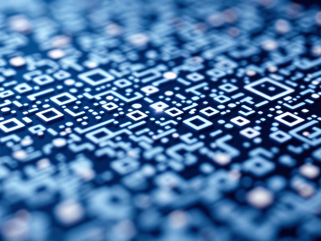 Close-up view of a QR code with blue and white branding elements, centered in the frame with a soft glow. Includes a subtle watermark of a globe indicating global connectivity.