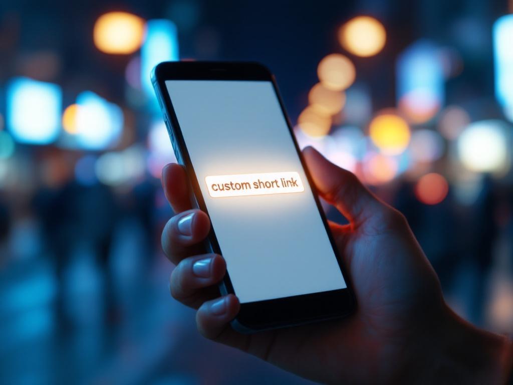 A close-up of a smartphone screen displaying a custom short link, held in a user's hand amidst a busy city environment, radiating a soft glow with a focus on blue and white colors.