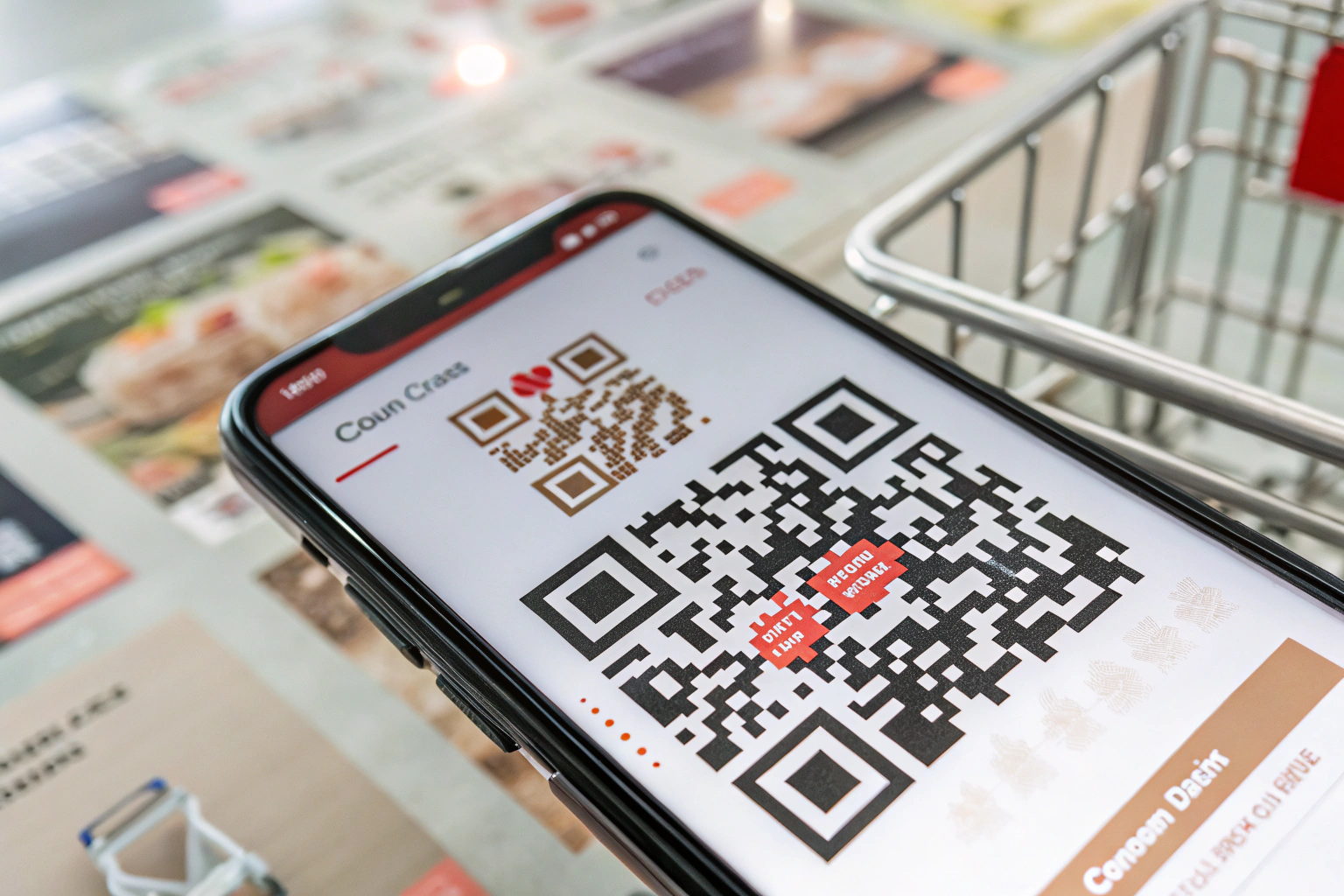 Close-up view of a smartphone screen showing a large, eye-catching QR code, surrounded by faint e-commerce elements like shopping carts. Bright lighting emphasizes the QR code's design against a soft background.