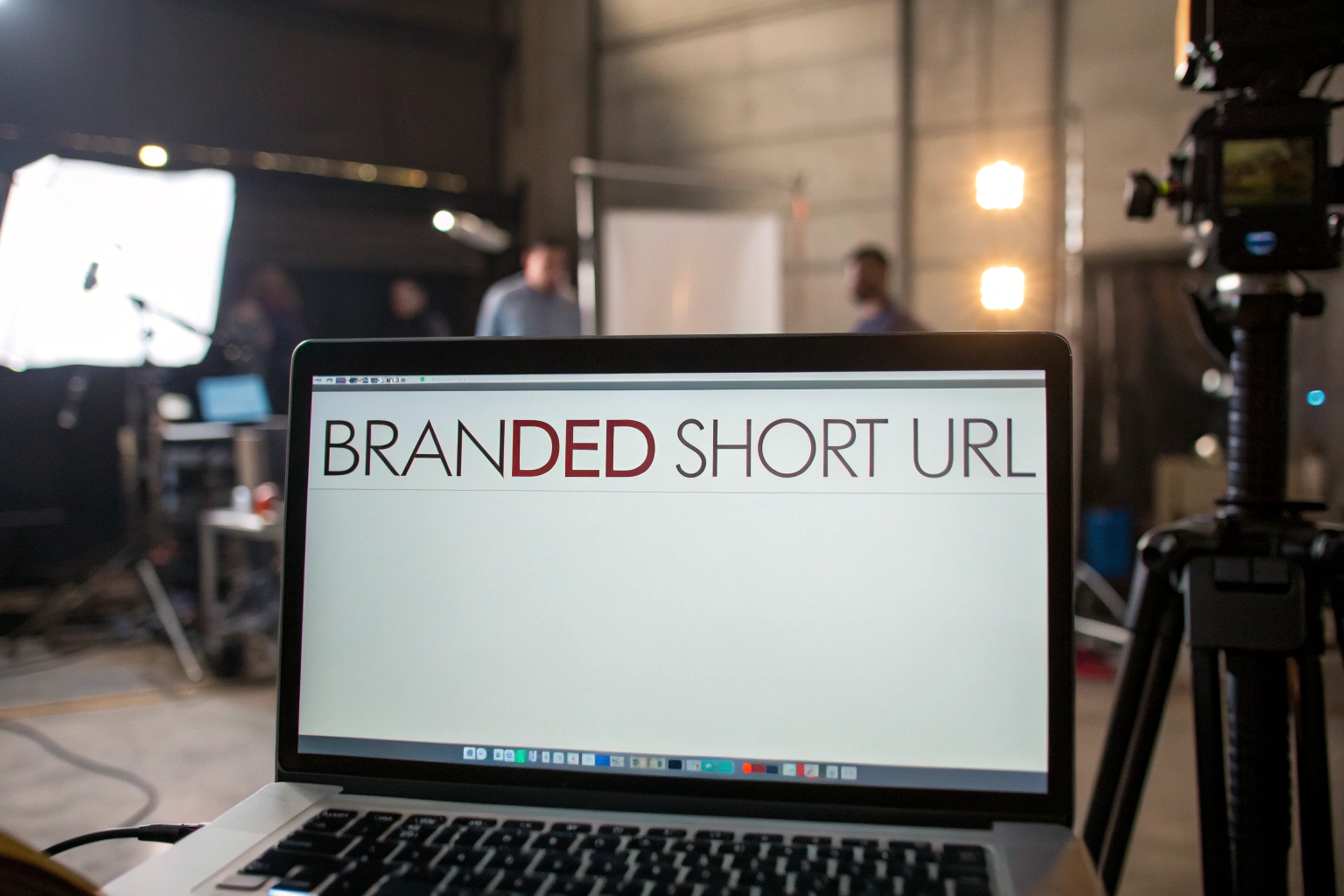 A modern computer screen displaying a branded short URL link, set in a stylish digital marketing workspace with atmospheric lighting.