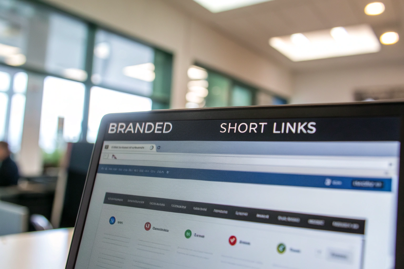 Branded short links displayed prominently on a digital screen in a modern office setting, emphasizing clarity and customization in digital marketing.