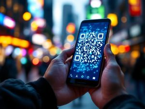 A sleek smartphone screen showcasing a vibrant blue and green QR code under a dramatic spotlight, with a blurred cityscape in the background.