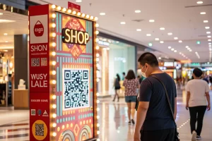 A close-up of a colorful shop sign showing a generic QR code in a busy shopping mall, with blurred shoppers in the background and vibrant lighting creating an energetic atmosphere.