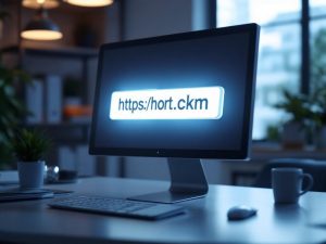 A glowing computer screen in a modern office displaying a clear and professional branded short link URL, surrounded by a soft light and an organized desk.