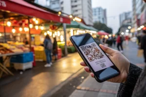 A modern smartphone with a QR code displayed on its screen, surrounded by a bright outdoor market. The smartphone's glass screen reflects colors from the environment, with an off-center composition that highlights the QR code and conveys a sense of mobile engagement and innovation.
