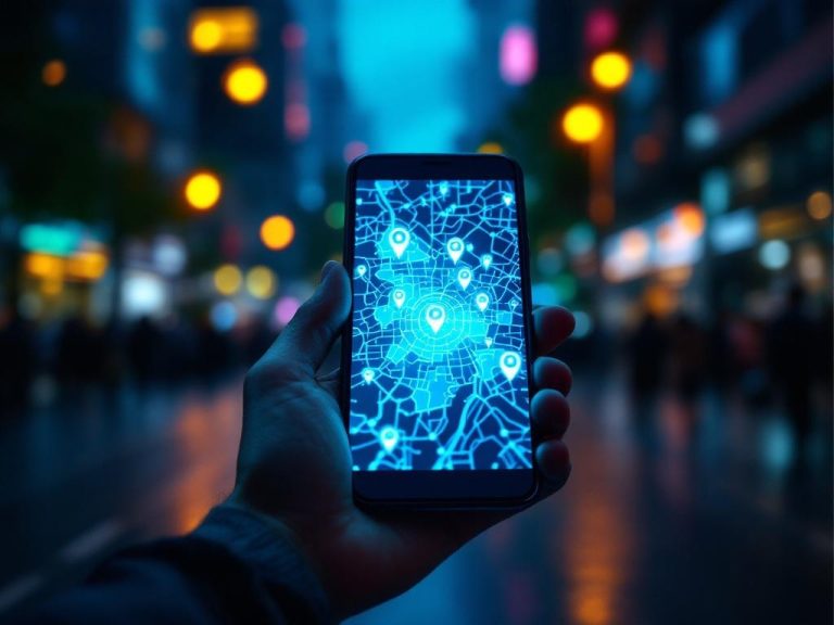 Cinematic image of a smartphone displaying a digital map with highlighted geotargeting zones in an urban setting, illuminated by a spotlight.