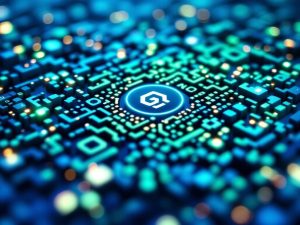 Extreme close-up of a QR code with a personalized logo, showcasing a blue to green gradient and a sleek digital marketing background with soft glow lighting.