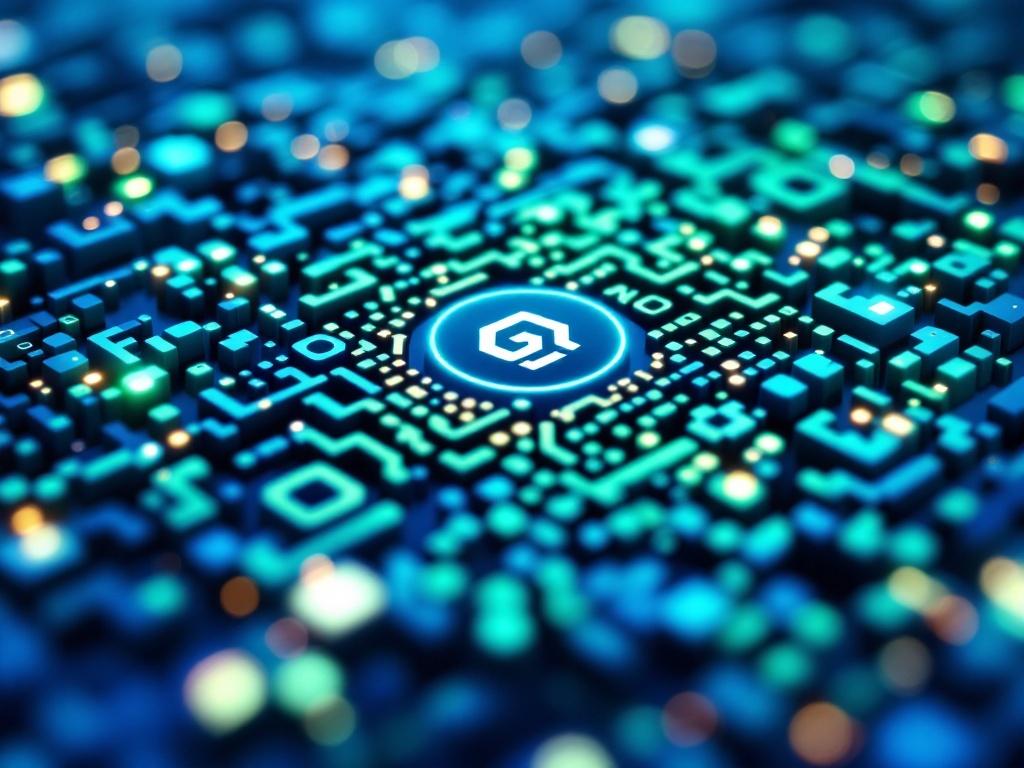 Extreme close-up of a QR code with a personalized logo, showcasing a blue to green gradient and a sleek digital marketing background with soft glow lighting.