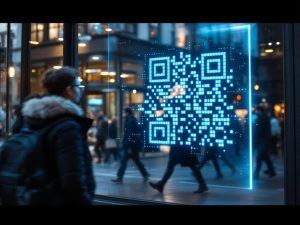 A large QR code glowing softly on a storefront window, with blurred pedestrians passing by, creating a modern and engaging atmosphere.