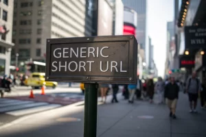 Cinematic image featuring a generic short URL on a sleek metallic signpost in a vibrant urban environment, with a sharp contrast between the focused foreground and blurred cityscape background.